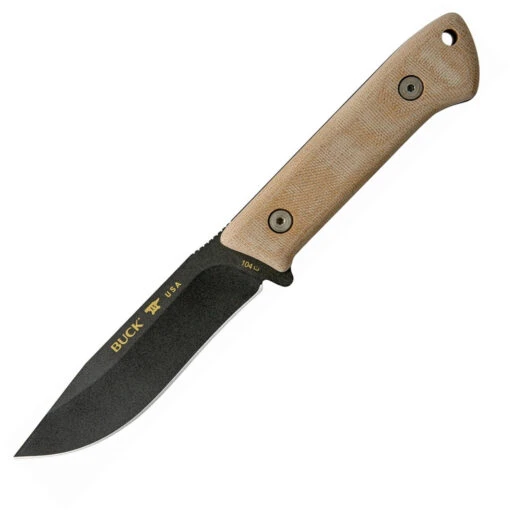 Buck Knives Buck 104 Compadre Camp Knife, 4.5" 5160 Spring Steel Black Coated Blade, Natural Canvas Micarta Handle, Black Leather Sheath -Knife Haven Shop BU104BRS1 17566.1620856086