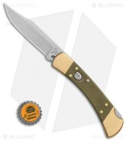 Buck Knives Buck 110 Automatic Knife OD Green Canvas Micarta/Brushed Brass (3.75" SW) -Knife Haven Shop Buck 110 Auto Brushed Micarta Brass BHQ 88783 er bottlecap