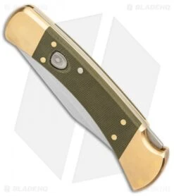 Buck Knives Buck 110 Automatic Knife OD Green Canvas Micarta/Brushed Brass (3.75" SW) -Knife Haven Shop Buck 110 Auto Brushed Micarta Brass BHQ 88783 er spine