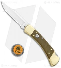 Buck Knives Buck 110 Automatic Knife OD Grn Micarta/Brushed Brass (3.75" S30V SW) Exclusive -Knife Haven Shop Buck 110 Auto OD Green Micarta Brushed Brass SW 0110GRSABHQ2 B BHQ 90211 jr bottlecap